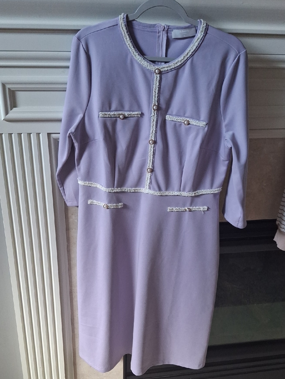 Tailored Lavender Midi Dress with Pearl-Trim Detail